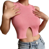 Pink Lettuce Waist Short Knitted Crop Top